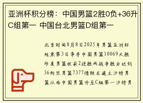 亚洲杯积分榜：中国男篮2胜0负+36升C组第一 中国台北男篮D组第一